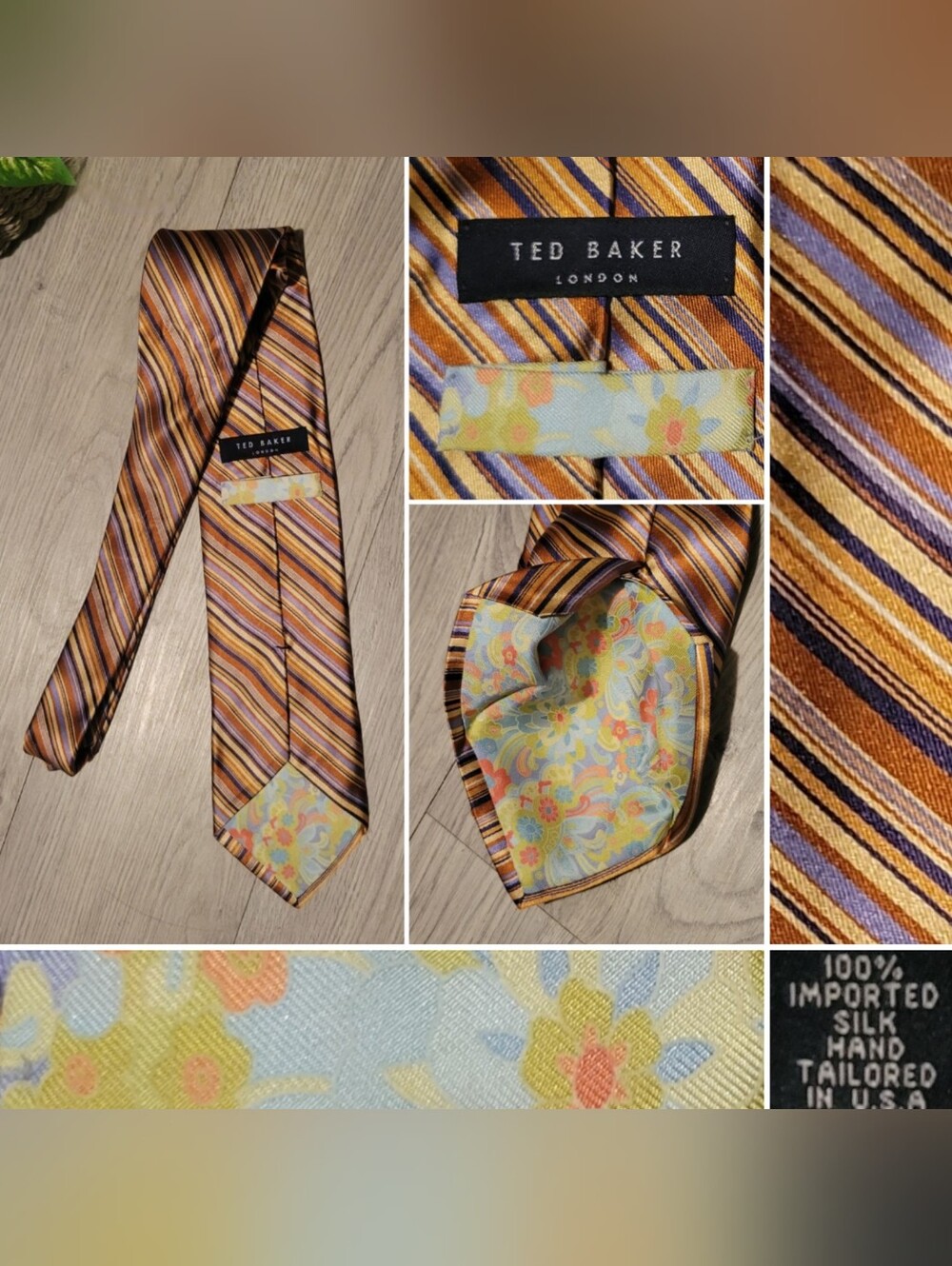 Ted Baker London Silk Diagonal Striped Copper & Purple Traditional Mens Necktie